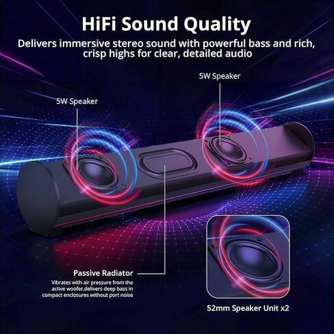 Computer Sound Bar with Detachable ENC Microphone, Enhanced Bass Gaming Soundbar, Bluetooth 6.0, USB-A Plug and Play, PC and Bluetooth Mode, 3EQ, 10 RGB Speaker for Gaming, Music,Meeting in Saudi Arabia