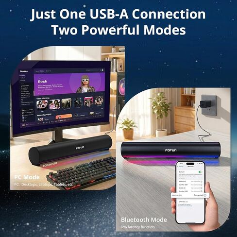 Computer Sound Bar with Detachable ENC Microphone, Enhanced Bass Gaming Soundbar, Bluetooth 6.0, USB-A Plug and Play, PC and Bluetooth Mode, 3EQ, 10 RGB Speaker for Gaming, Music,Meeting in Saudi Arabia