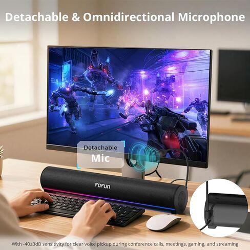 Computer Sound Bar with Detachable ENC Microphone, Enhanced Bass Gaming Soundbar, Bluetooth 6.0, USB-A Plug and Play, PC and Bluetooth Mode, 3EQ, 10 RGB Speaker for Gaming, Music,Meeting in Saudi Arabia