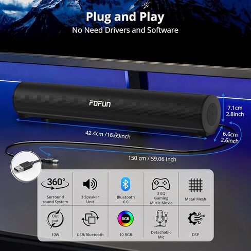 Computer Sound Bar with Detachable ENC Microphone, Enhanced Bass Gaming Soundbar, Bluetooth 6.0, USB-A Plug and Play, PC and Bluetooth Mode, 3EQ, 10 RGB Speaker for Gaming, Music,Meeting in Saudi Arabia