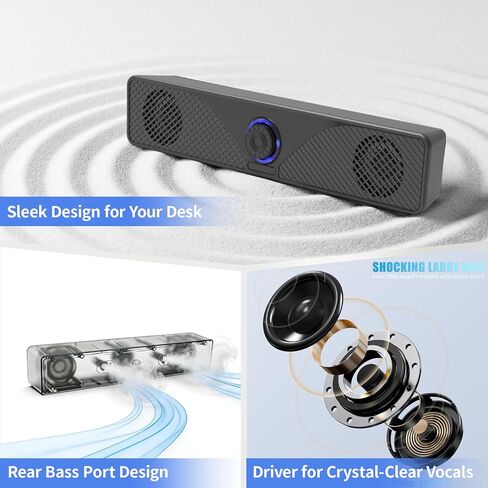 Computer Speakers for Desktop Monitor, USB Powered Wired PC Soundbar with 3.5mm AUX, Plug & Play Speaker Bar with Volume Knob, Clear Sound for Laptop, PC, Home and Office, Black in Saudi Arabia