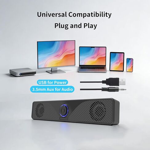 Computer Speakers for Desktop Monitor, USB Powered Wired PC Soundbar with 3.5mm AUX, Plug & Play Speaker Bar with Volume Knob, Clear Sound for Laptop, PC, Home and Office, Black in Saudi Arabia