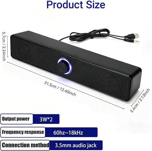 Computer Speakers USB-A Powered Wired Stereo Desktop Speaker with 3.5mm AUX, Volume Knob LED Ring for PC Laptop No Bluetooth, Black in Saudi Arabia