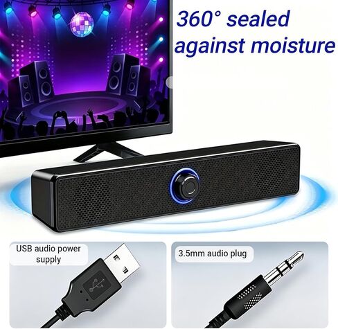 Computer Speakers USB-A Powered Wired Stereo Desktop Speaker with 3.5mm AUX, Volume Knob LED Ring for PC Laptop No Bluetooth, Black in Saudi Arabia