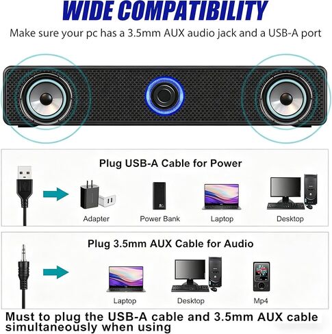 Computer Speakers USB-A Powered Wired Stereo Desktop Speaker with 3.5mm AUX, Volume Knob LED Ring for PC Laptop No Bluetooth, Black in Saudi Arabia
