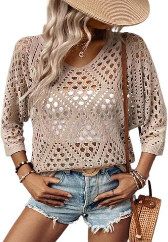 Womens Off Shoulder 3/4 Sleeve Summer Crochet Sweaters Hollow Out Casual Loose Knit Pullover Tops in Saudi Arabia