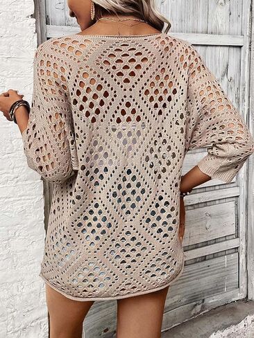 Womens Off Shoulder 3/4 Sleeve Summer Crochet Sweaters Hollow Out Casual Loose Knit Pullover Tops in Saudi Arabia