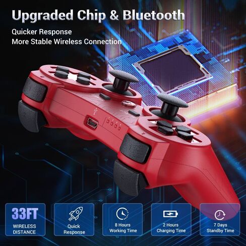 OKHAHA Controller for PS3 Controller Wireless for Sony Playstation 3 Controller, Double Shock 3, Rechargeable, Motion Sensor, Remote for PS3, 2 USB Charging Cords, 2 Pack, Stripes, Black + Red in Saudi Arabia