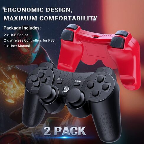 OKHAHA Controller for PS3 Controller Wireless for Sony Playstation 3 Controller, Double Shock 3, Rechargeable, Motion Sensor, Remote for PS3, 2 USB Charging Cords, 2 Pack, Stripes, Black + Red in Saudi Arabia
