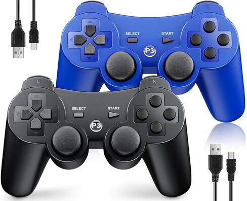 OKHAHA Controller for PS3 Controller Wireless for Sony Playstation 3 Controller, Double Shock 3, Rechargeable, Motion Sensor, Remote for PS3, 2 USB Charging Cords, 2 Pack, Black + Blue in Saudi Arabia