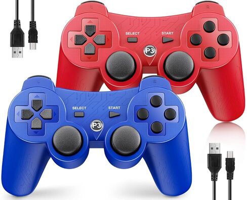 OKHAHA Controller for PS3 Controller Wireless for Sony Playstation 3 Controller, Double Shock 3, Rechargeable, Motion Sensor, Remote for PS3, 2 USB Charging Cords, 2 Pack, Stripes, Blue + Red in Saudi Arabia