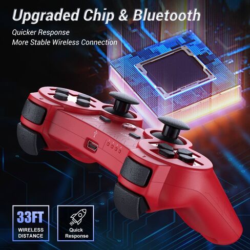 OKHAHA Controller for PS3 Controller Wireless for Sony Playstation 3 Controller, Double Shock 3, Rechargeable, Motion Sensor, Remote for PS3, 2 USB Charging Cords, 2 Pack, Stripes, Blue + Red in Saudi Arabia
