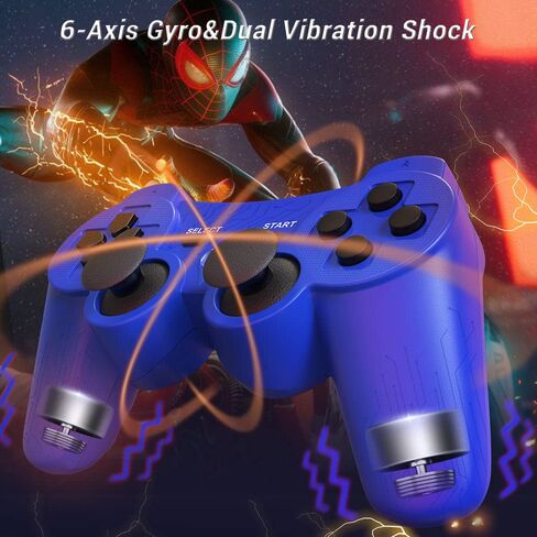 OKHAHA Controller for PS3 Controller Wireless for Sony Playstation 3 Controller, Double Shock 3, Rechargeable, Motion Sensor, Remote for PS3, 2 USB Charging Cords, 2 Pack, Stripes, Blue + Red in Saudi Arabia