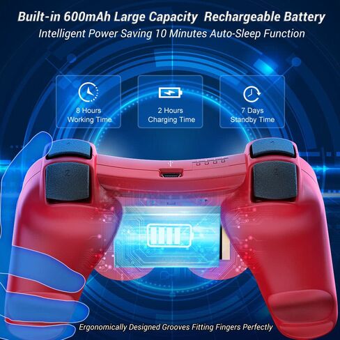 OKHAHA Controller for PS3 Controller Wireless for Sony Playstation 3 Controller, Double Shock 3, Rechargeable, Motion Sensor, Remote for PS3, 2 USB Charging Cords, 2 Pack, Stripes, Blue + Red in Saudi Arabia