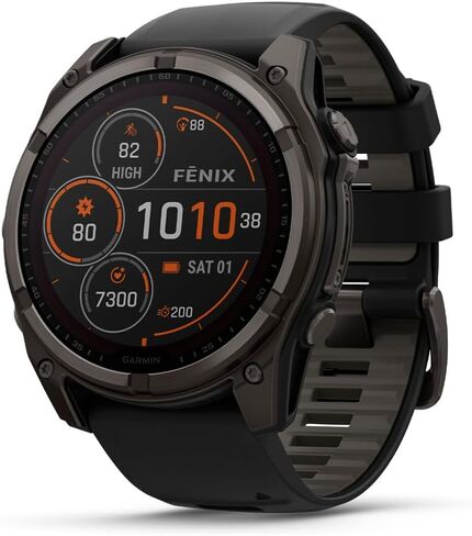 Garmin fēnix® 8 – 51 مم، AMOLED، ساعة ذكية Premium Multisport GPS، عمر بطارية طويل الأمد، تصنيف الغوص، مصباح يدوي LED مدمج، رمادي داكن مع شريط أسود (متجدد) in Saudi Arabia