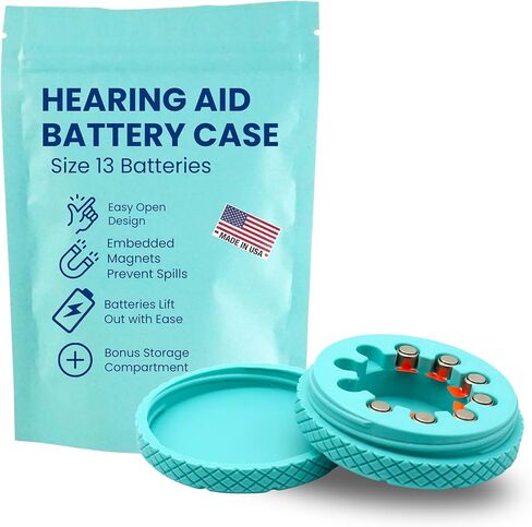 Hearing Aid Battery Case for Size 13 Batteries | Embedded Magnets for Secure and Easy Access | Custom Color Organizer | Slim Caddy for Pocket or Purse (Turquiose) in Saudi Arabia
