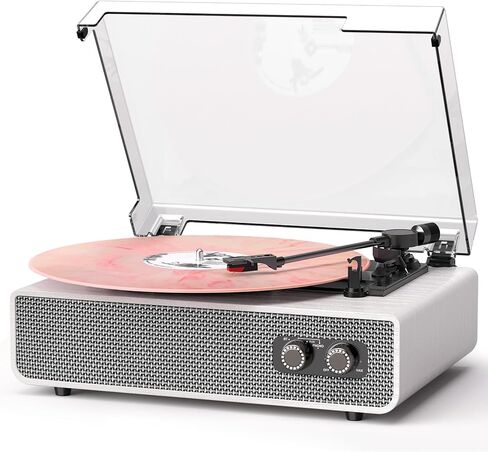 Vinyl Record Player with Upgraded Built-in Speakers, 3-Speed Belt-Driven Bluetooth Turntable for Vinyl Records, White Wood Grain Vintage Phonograph with RCA Out & AUX in, Auto Stop, MDF Cabinet in Saudi Arabia