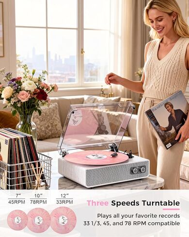 Vinyl Record Player with Upgraded Built-in Speakers, 3-Speed Belt-Driven Bluetooth Turntable for Vinyl Records, White Wood Grain Vintage Phonograph with RCA Out & AUX in, Auto Stop, MDF Cabinet in Saudi Arabia