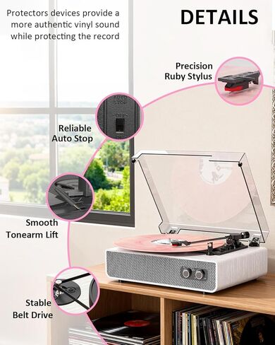 Vinyl Record Player with Upgraded Built-in Speakers, 3-Speed Belt-Driven Bluetooth Turntable for Vinyl Records, White Wood Grain Vintage Phonograph with RCA Out & AUX in, Auto Stop, MDF Cabinet in Saudi Arabia
