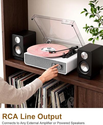 Vinyl Record Player with Upgraded Built-in Speakers, 3-Speed Belt-Driven Bluetooth Turntable for Vinyl Records, White Wood Grain Vintage Phonograph with RCA Out & AUX in, Auto Stop, MDF Cabinet in Saudi Arabia
