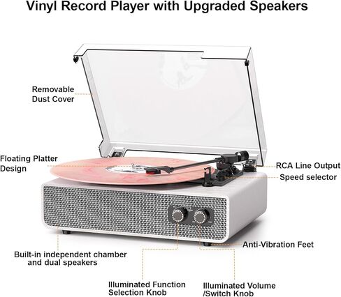 Vinyl Record Player with Upgraded Built-in Speakers, 3-Speed Belt-Driven Bluetooth Turntable for Vinyl Records, White Wood Grain Vintage Phonograph with RCA Out & AUX in, Auto Stop, MDF Cabinet in Saudi Arabia