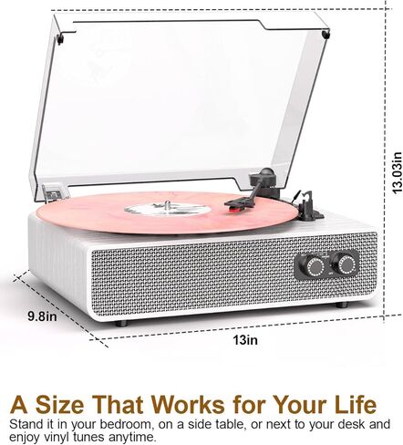 Vinyl Record Player with Upgraded Built-in Speakers, 3-Speed Belt-Driven Bluetooth Turntable for Vinyl Records, White Wood Grain Vintage Phonograph with RCA Out & AUX in, Auto Stop, MDF Cabinet in Saudi Arabia