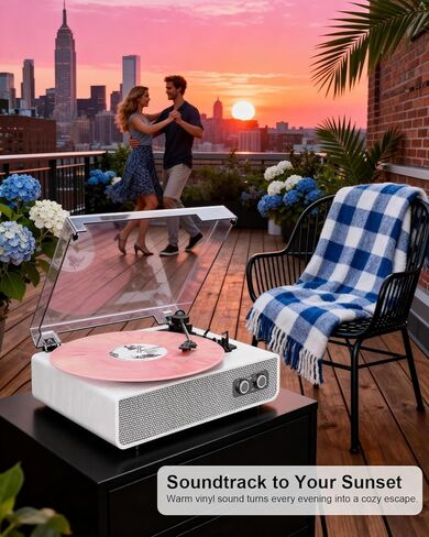 Vinyl Record Player with Upgraded Built-in Speakers, 3-Speed Belt-Driven Bluetooth Turntable for Vinyl Records, White Wood Grain Vintage Phonograph with RCA Out & AUX in, Auto Stop, MDF Cabinet in Saudi Arabia