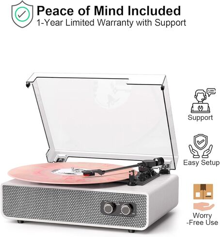 Vinyl Record Player with Upgraded Built-in Speakers, 3-Speed Belt-Driven Bluetooth Turntable for Vinyl Records, White Wood Grain Vintage Phonograph with RCA Out & AUX in, Auto Stop, MDF Cabinet in Saudi Arabia