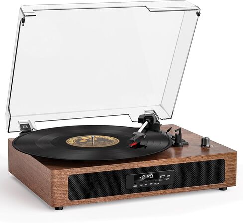 Vinyl Record Player with Bluetooth, 3-Speed Belt-Drive Turntable with Built-in Speakers, Easy Setup for Beginners, USB Recording, RCA/AUX/Headphone Jack, Classic Black Wood Design in Saudi Arabia