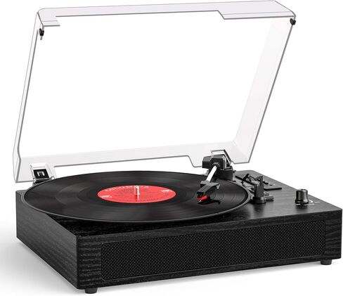 Vinyl Record Player with Bluetooth, 3-Speed Belt-Drive Turntable with Built-in Speakers, Easy Setup for Beginners, USB Recording, RCA/AUX/Headphone Jack, Classic Black Wood Design in Saudi Arabia