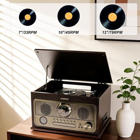 جهاز تشغيل LoopTone الكل في واحد بتقنية البلوتوث مع مشغل تسجيل فينيل بثلاث سرعات، ومشغل أقراص مضغوطة/شريط كاسيت/USB/بطاقة TF، ومدخل AUX، وراديو FM/AM، ومخرج RCA، والتسجيل in Kuwait