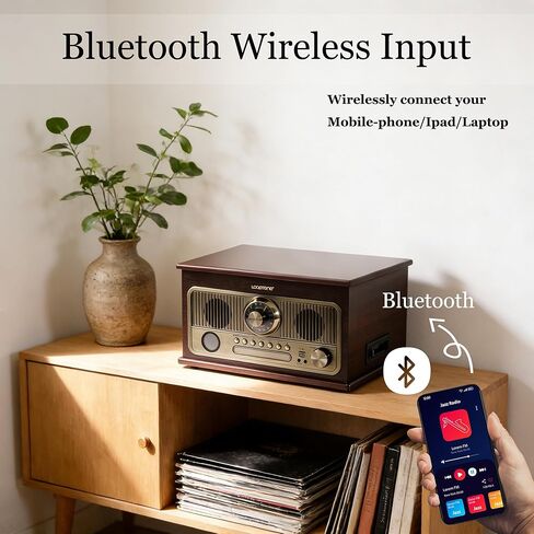 جهاز تشغيل LoopTone الكل في واحد بتقنية البلوتوث مع مشغل تسجيل فينيل بثلاث سرعات، ومشغل أقراص مضغوطة/شريط كاسيت/USB/بطاقة TF، ومدخل AUX، وراديو FM/AM، ومخرج RCA، والتسجيل in Kuwait