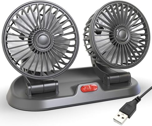 Dual Head Car Fan, Portable Vehicle Cooling Fan with 2 Speeds, 360° Rotatable Adjustable Dashboard Air Circulator, USB Powered for SUV RV Truck Sedan Cruise, Cigarette Lighter Adapter Required in Saudi Arabia
