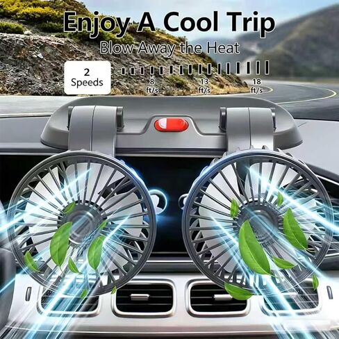 Dual Head Car Fan, Portable Vehicle Cooling Fan with 2 Speeds, 360° Rotatable Adjustable Dashboard Air Circulator, USB Powered for SUV RV Truck Sedan Cruise, Cigarette Lighter Adapter Required in Saudi Arabia