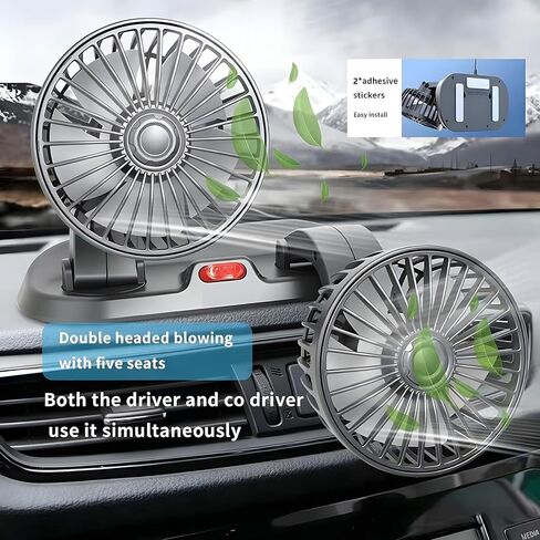 Dual Head Car Fan, Portable Vehicle Cooling Fan with 2 Speeds, 360° Rotatable Adjustable Dashboard Air Circulator, USB Powered for SUV RV Truck Sedan Cruise, Cigarette Lighter Adapter Required in Saudi Arabia