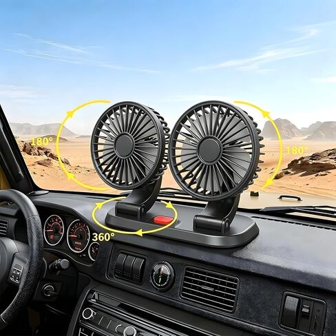 Dual Head Car Fan, Portable Vehicle Cooling Fan with 2 Speeds, 360° Rotatable Adjustable Dashboard Air Circulator, USB Powered for SUV RV Truck Sedan Cruise, Cigarette Lighter Adapter Required in Saudi Arabia