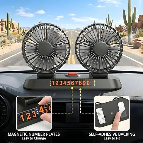 Dual Head Car Fan, Portable Vehicle Cooling Fan with 2 Speeds, 360° Rotatable Adjustable Dashboard Air Circulator, USB Powered for SUV RV Truck Sedan Cruise, Cigarette Lighter Adapter Required in Saudi Arabia