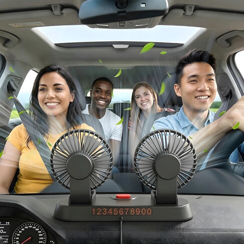 Dual Head Car Fan, Portable Vehicle Cooling Fan with 2 Speeds, 360° Rotatable Adjustable Dashboard Air Circulator, USB Powered for SUV RV Truck Sedan Cruise, Cigarette Lighter Adapter Required in Saudi Arabia