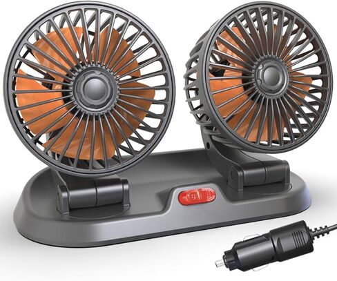 Dual Head Car Fan, Portable Vehicle Cooling Fan with 2 Speeds, 360° Rotatable Adjustable Dashboard Air Circulator, USB Powered for SUV RV Truck Sedan Cruise, Cigarette Lighter Adapter Required in Saudi Arabia