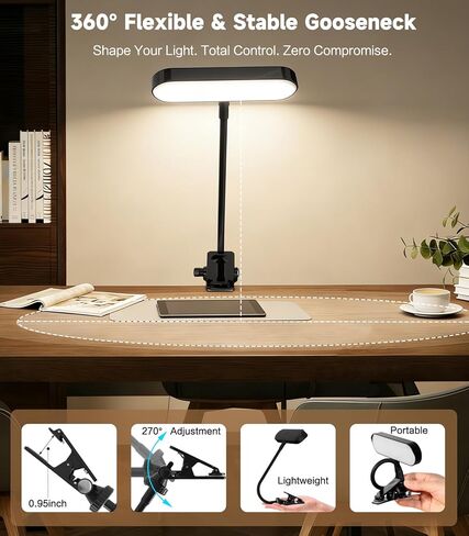 مصباح Jasput 2 في 1 LED للكتب والمكتب، رقبة معقوفة مرنة، 3 أوضاع ألوان وقابلة للتعتيم، ضوء قراءة قابل لإعادة الشحن ومصباح مؤتمرات الفيديو للسرير والمكتب والكمبيوتر المحمول والدراسة in Kuwait