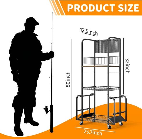 Fishing Rod Holders for Garage, 3 Tier Fishing Pole Holders with 10 Rods, Fishing Pole Rack with Pegboard and Lockable Wheels, Fishing Gear Tackle Box Organizer for Anglers in Saudi Arabia