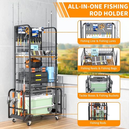 Fishing Rod Holders for Garage, 3 Tier Fishing Pole Holders with 10 Rods, Fishing Pole Rack with Pegboard and Lockable Wheels, Fishing Gear Tackle Box Organizer for Anglers in Saudi Arabia