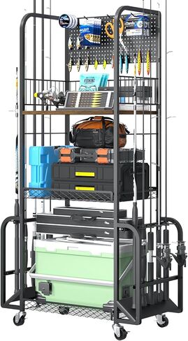 Fishing Rod Holders for Garage, 3 Tier Fishing Pole Holders with 10 Rods, Fishing Pole Rack with Pegboard and Lockable Wheels, Fishing Gear Tackle Box Organizer for Anglers in Saudi Arabia