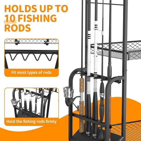 Fishing Rod Holders for Garage, 3 Tier Fishing Pole Holders with 10 Rods, Fishing Pole Rack with Pegboard and Lockable Wheels, Fishing Gear Tackle Box Organizer for Anglers in Saudi Arabia