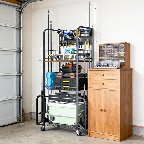 Fishing Rod Holders for Garage, 3 Tier Fishing Pole Holders with 10 Rods, Fishing Pole Rack with Pegboard and Lockable Wheels, Fishing Gear Tackle Box Organizer for Anglers in Saudi Arabia
