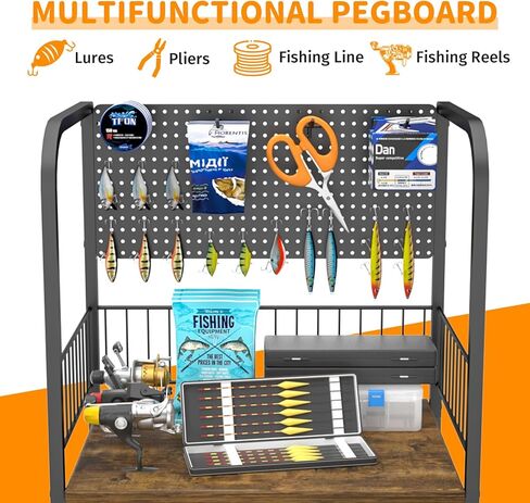 Fishing Rod Holders for Garage, 3 Tier Fishing Pole Holders with 10 Rods, Fishing Pole Rack with Pegboard and Lockable Wheels, Fishing Gear Tackle Box Organizer for Anglers in Saudi Arabia