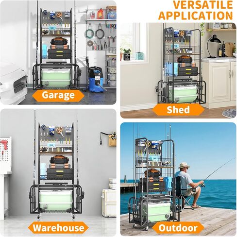 Fishing Rod Holders for Garage, 3 Tier Fishing Pole Holders with 10 Rods, Fishing Pole Rack with Pegboard and Lockable Wheels, Fishing Gear Tackle Box Organizer for Anglers in Saudi Arabia