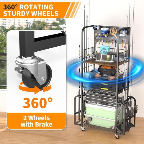 Fishing Rod Holders for Garage, 3 Tier Fishing Pole Holders with 10 Rods, Fishing Pole Rack with Pegboard and Lockable Wheels, Fishing Gear Tackle Box Organizer for Anglers in Saudi Arabia