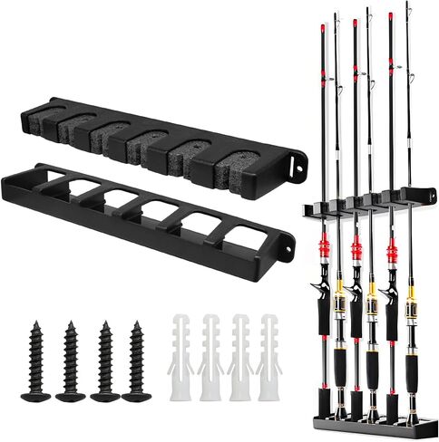 Uenhoy Vertical Fishing Rod Holder, 1 Pair Wall Mounted Fishing Rod Rack for Garage & Boat, Holds up to 6 Rods, Fits Most Rod Diameters, Black in Saudi Arabia