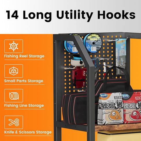 حاملات قضبان الصيد للمرآب، لوحة Pegboard مريحة مع 14 خطافًا طويلًا للأدوات المساعدة، رف صنارة الصيد يصل إلى 16 قضيبًا، حامل عمود السمك 3 طبقات مع حاملات بكرات الصيد و8 خطافات لإكسسوارات معدات الصيد in Kuwait